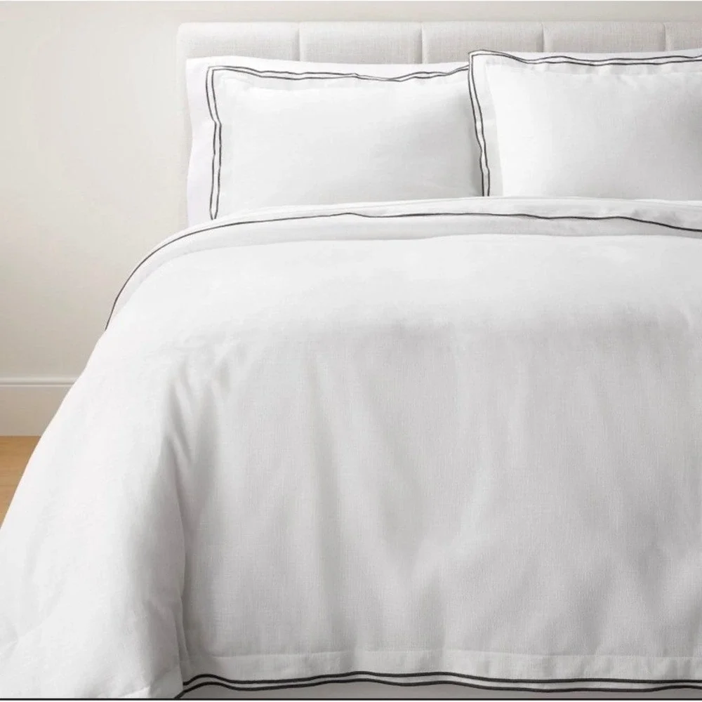 Threshold Duvet Cover Set Full/Queen White Black Embroidered Trim 3pc NWT
